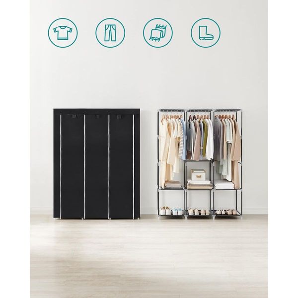 SONGMICS Clothes Wardrobe Portable Closet with Cover and 3 Hanging Rails Black RYG092B02