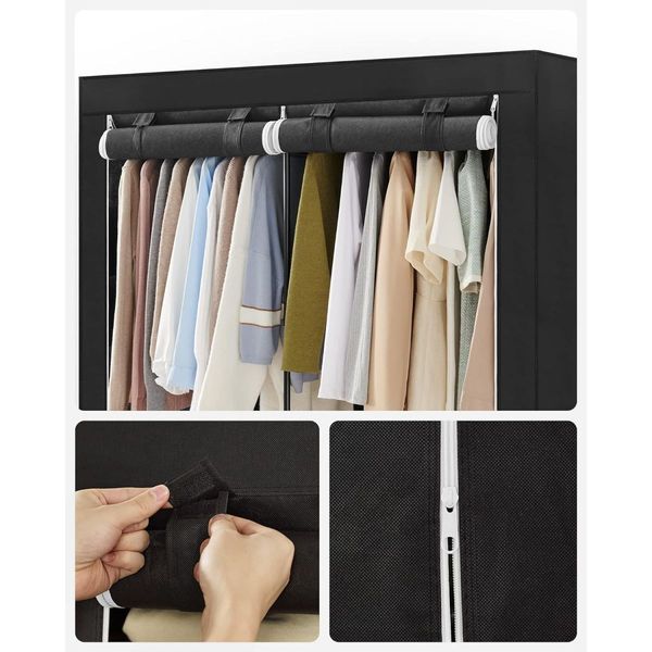 SONGMICS Clothes Wardrobe Portable Closet with Cover and 3 Hanging Rails Black RYG092B02