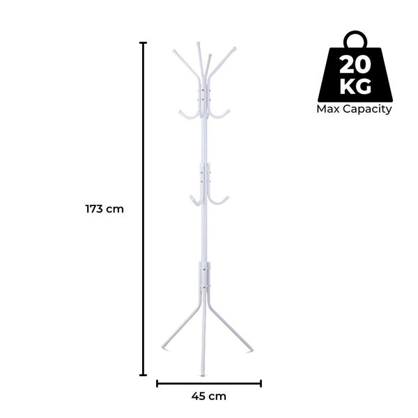 EKKIO 12 Hook Metal Coat Rack Stand with 3-Tier Hat Hanger (White) EK-CRS-100-GQR