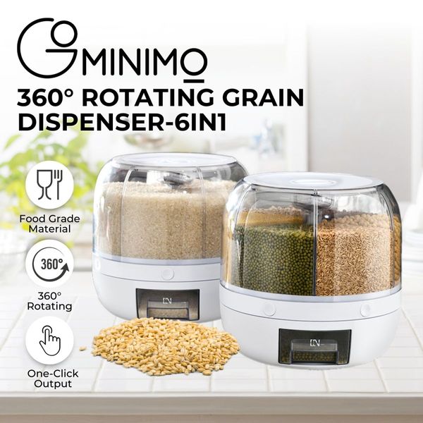 GOMINIMO 6 in 1 Rotating 360ｰ Grain Dispenser with Lid (White) GO-FD-108-LZ