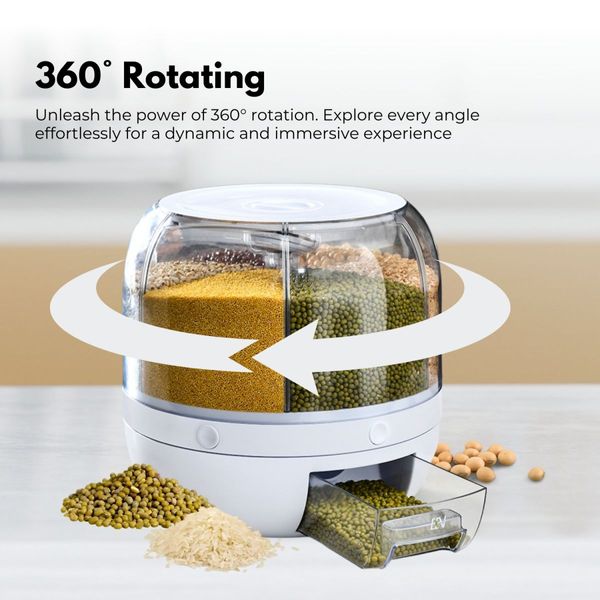 GOMINIMO 6 in 1 Rotating 360ｰ Grain Dispenser with Lid (White) GO-FD-108-LZ