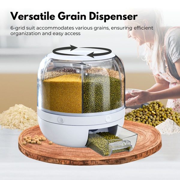 GOMINIMO 6 in 1 Rotating 360ｰ Grain Dispenser with Lid (White) GO-FD-108-LZ