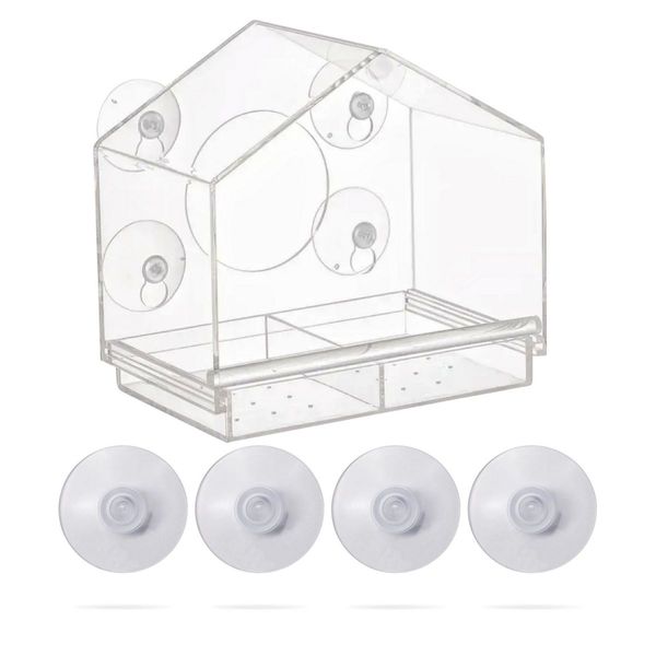 NOVEDEN Window Bird Feeder with Removable Tray Drain Holes and 4 Suction Cups (Transparent) NE-WBF-100-HSXY