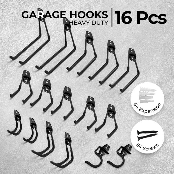 RYNOMATE 16 Pack Garage Hooks Heavy Duty (Black) RNM-HHD-101-NK