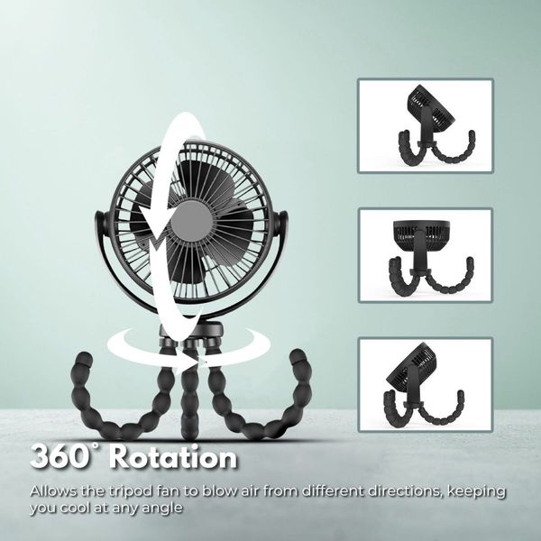 GOMINIMO 5000mAh Rechargeable Clip Fan with Flexible Tripod (Black) GO-CF-101-QF