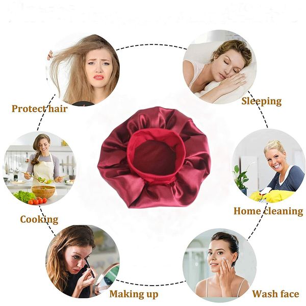 Solid Color Shower Cap for Women Satin Wide-Brimmed Bath Cap Reusable Shower Cap for All Hair Lengths (Red)