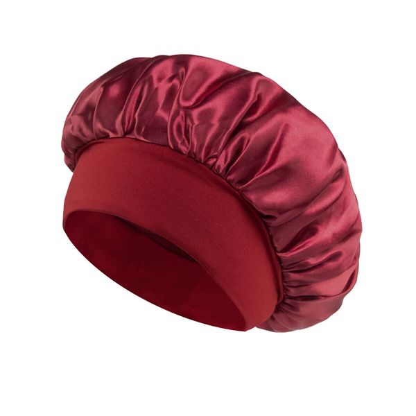 Solid Color Shower Cap for Women Satin Wide-Brimmed Bath Cap Reusable Shower Cap for All Hair Lengths (Red)