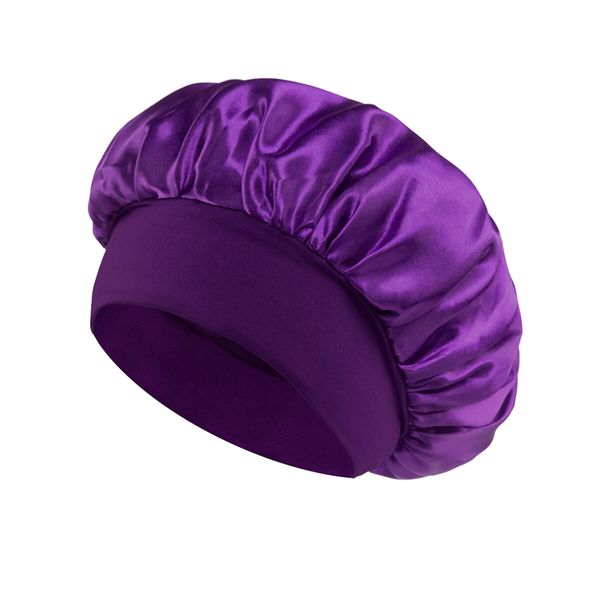 Solid Color Shower Cap for Women Satin Wide-Brimmed Bath Cap Reusable Shower Cap for All Hair Lengths (Purple)