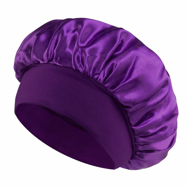 Solid Color Shower Cap for Women Satin Wide-Brimmed Bath Cap Reusable Shower Cap for All Hair Lengths (Purple)