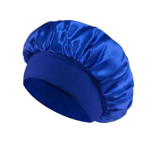 Solid Color Shower Cap for Women Satin Wide-Brimmed Bath Cap Reusable Shower Cap for All Hair Lengths (Blue)