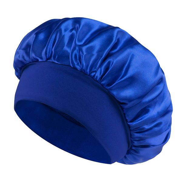 Solid Color Shower Cap for Women Satin Wide-Brimmed Bath Cap Reusable Shower Cap for All Hair Lengths (Blue)