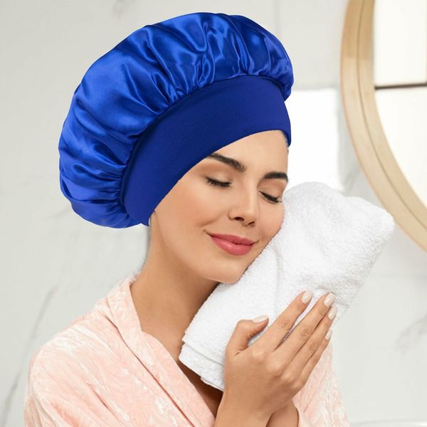 Solid Color Shower Cap for Women Satin Wide-Brimmed Bath Cap Reusable Shower Cap for All Hair Lengths (Blue)