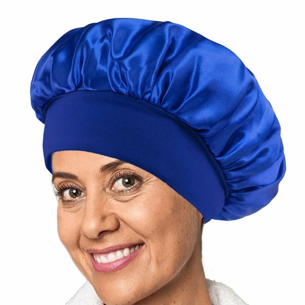 Solid Color Shower Cap for Women Satin Wide-Brimmed Bath Cap Reusable Shower Cap for All Hair Lengths (Blue)