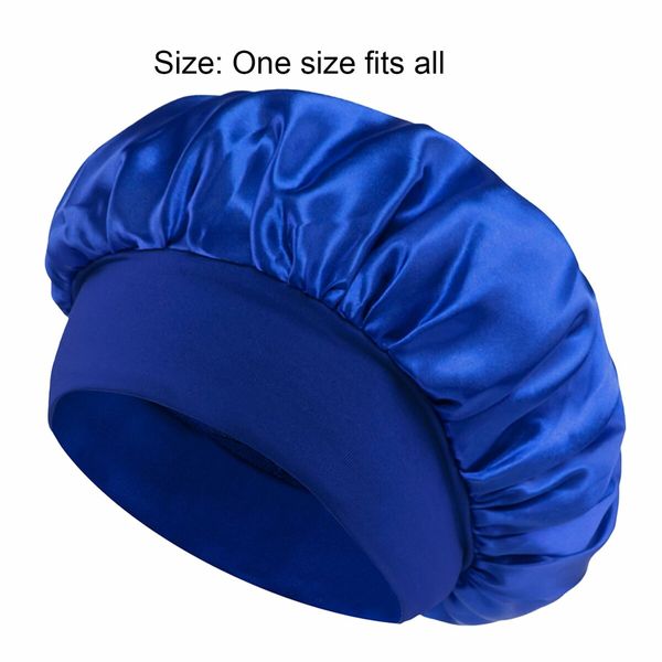 Solid Color Shower Cap for Women Satin Wide-Brimmed Bath Cap Reusable Shower Cap for All Hair Lengths (Blue)