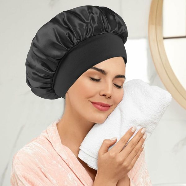 Solid Color Shower Cap for Women Satin Wide-Brimmed Bath Cap Reusable Shower Cap for All Hair Lengths (Black)