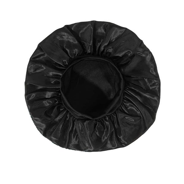 Solid Color Shower Cap for Women Satin Wide-Brimmed Bath Cap Reusable Shower Cap for All Hair Lengths (Black)