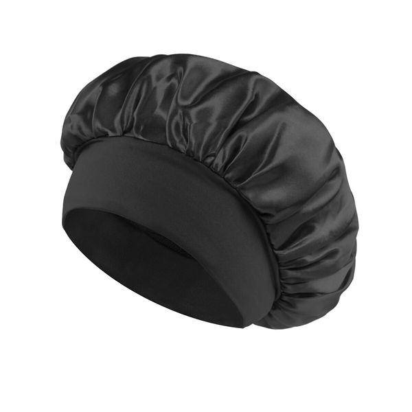 Solid Color Shower Cap for Women Satin Wide-Brimmed Bath Cap Reusable Shower Cap for All Hair Lengths (Black)