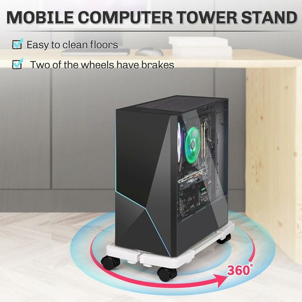 Mobile CPU Stand Adjustable Computer Tower Stand with 4 Caster Wheels Fits Most PC, White