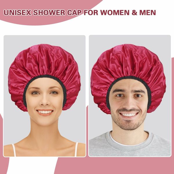 Triple Layer Shower Cap for Women,with Microfiber Liner,Practical Bathing Accessories,Soft Hair Wrap,Reusable Shower Cap for Long Hair(Red)