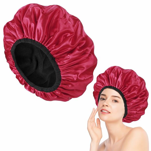 Triple Layer Shower Cap for Women,with Microfiber Liner,Practical Bathing Accessories,Soft Hair Wrap,Reusable Shower Cap for Long Hair(Red)