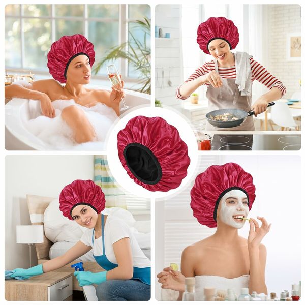 Triple Layer Shower Cap for Women,with Microfiber Liner,Practical Bathing Accessories,Soft Hair Wrap,Reusable Shower Cap for Long Hair(Red)