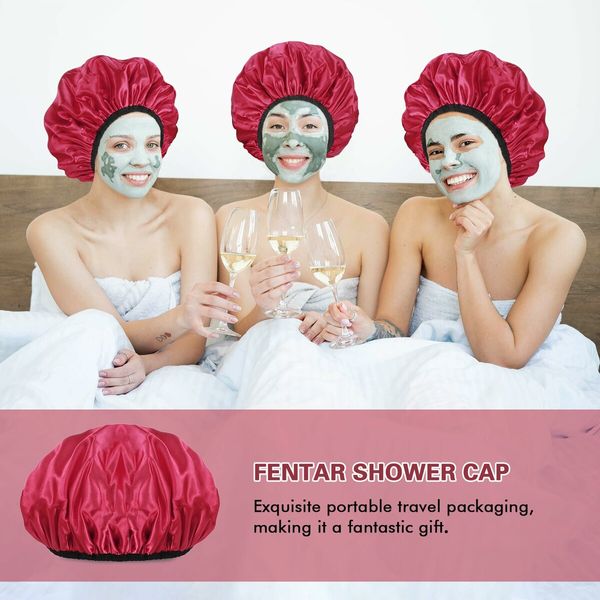 Triple Layer Shower Cap for Women,with Microfiber Liner,Practical Bathing Accessories,Soft Hair Wrap,Reusable Shower Cap for Long Hair(Red)