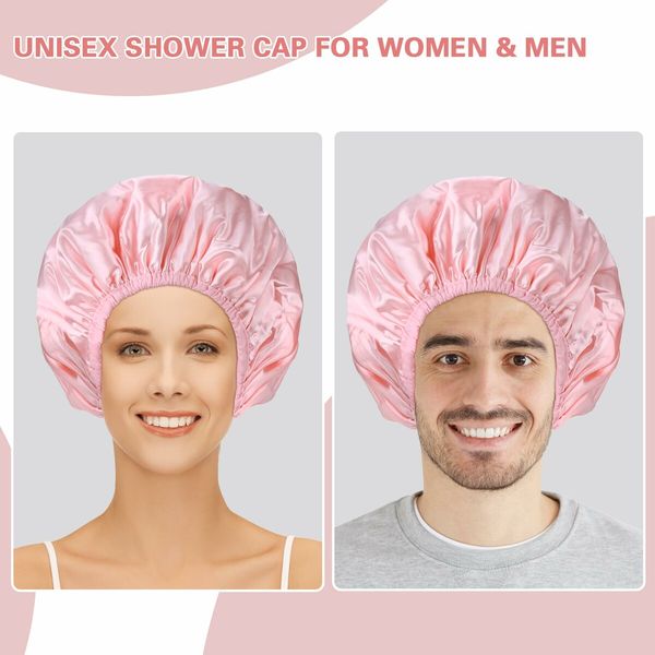 Triple Layer Shower Cap for Women,with Microfiber Liner,Practical Bathing Accessories,Soft Hair Wrap,Reusable Shower Cap for Long Hair(Pink)