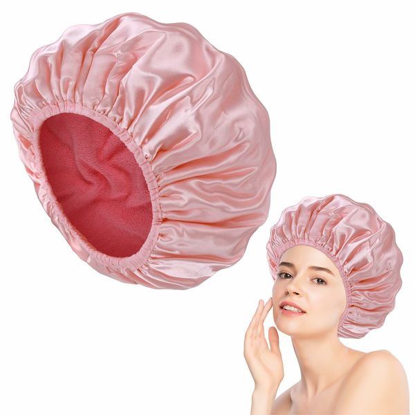 Triple Layer Shower Cap for Women,with Microfiber Liner,Practical Bathing Accessories,Soft Hair Wrap,Reusable Shower Cap for Long Hair(Pink)