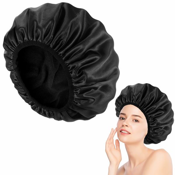 Triple Layer Shower Cap for Women,with Microfiber Liner,Practical Bathing Accessories,Soft Hair Wrap,Reusable Shower Cap for Long Hair(Black)