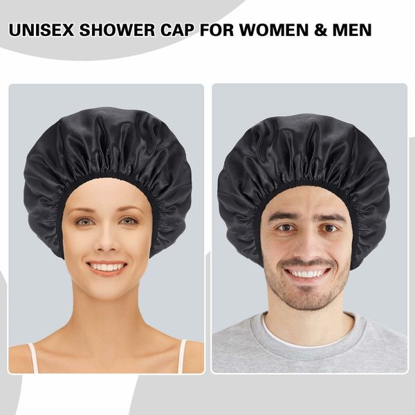 Triple Layer Shower Cap for Women,with Microfiber Liner,Practical Bathing Accessories,Soft Hair Wrap,Reusable Shower Cap for Long Hair(Black)