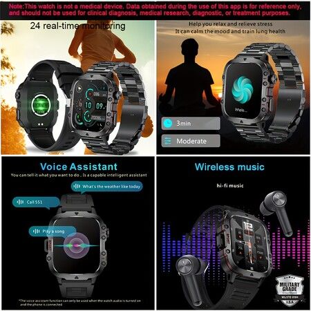 Smart Watch Men Wireless Call IP68 Waterproof Sport Fitness AI Voice Outdoor 100+ Sports Modes Outdoor Smartwatch(Black Steel Strip)