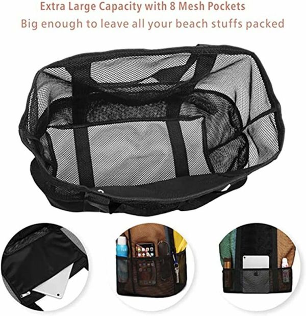 Extra Large Beach Bag, Mesh Beach Tote Bag Great Beach and Pool Bag for Family,  Durable Oversized Beach Bag, Black