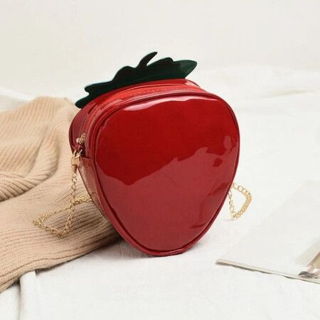 Strawberry Design Chain Crossbody Bag, Mini Cartoon Novelty Purse, Fashion Faux Leather Shoulder Bag