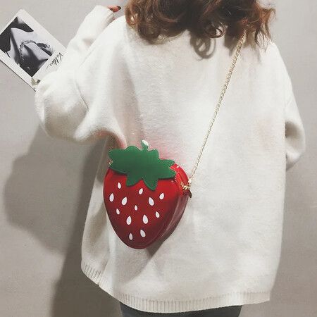 Strawberry Design Chain Crossbody Bag, Mini Cartoon Novelty Purse, Fashion Faux Leather Shoulder Bag