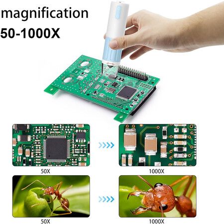 1000x Digital Microscope, Coin Magnifier with 8 Adjustable LED Lights, Compatible with iPhone, Android, Mac, Windows