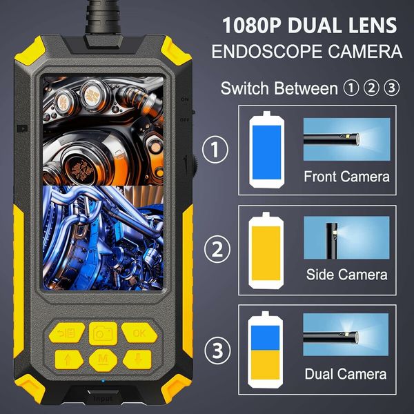 Dual Lens Industrial Endoscope Camera with Light, 4.5 Inch IPS Screen, 1080P HD Borescope Inspection Camera, IP67 Waterproof Snake Camera with Semi-Rigid Cable