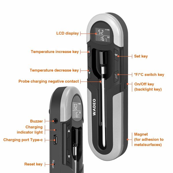 Wireless Digital Meat Thermometer with Bluetooth,Intelligent Alarm,Timing Function for Remote Monitoring of BBQ Grill, Oven, Smoker, Air Fryer