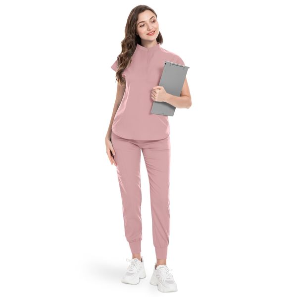 Scrubs Set for Women Nurse Uniform Jogger Suit Stretch Top & Pants with Multi Pocket for Nurse Esthetician Workwear (Pink,Size:XX-Large)