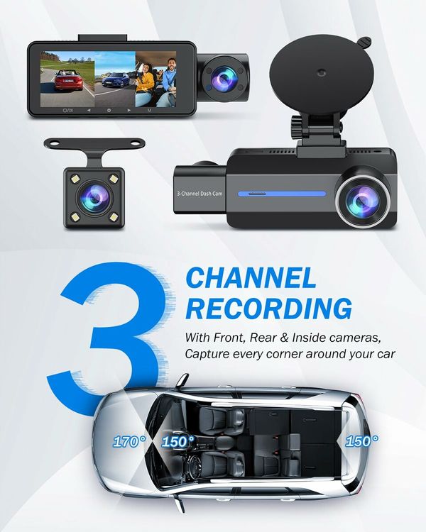 3 Channel 2.5K Dash Cam,1440P Dash Cam Front and Rear Inside,Dash Camera for Cars,Triple Car Camera with 32GB Card,G-Sensor,24Hr Parking,Loop Recording,IR Night Vision