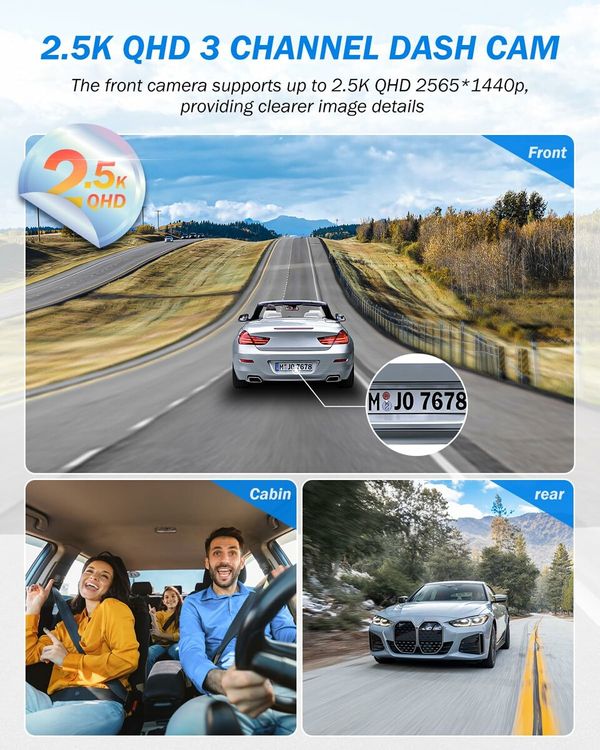 3 Channel 2.5K Dash Cam,1440P Dash Cam Front and Rear Inside,Dash Camera for Cars,Triple Car Camera with 32GB Card,G-Sensor,24Hr Parking,Loop Recording,IR Night Vision