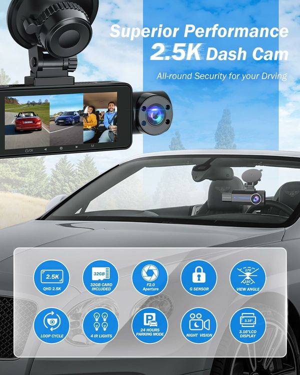 3 Channel 2.5K Dash Cam,1440P Dash Cam Front and Rear Inside,Dash Camera for Cars,Triple Car Camera with 32GB Card,G-Sensor,24Hr Parking,Loop Recording,IR Night Vision