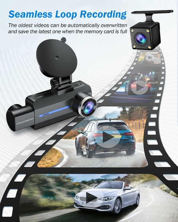 3 Channel 2.5K Dash Cam,1440P Dash Cam Front and Rear Inside,Dash Camera for Cars,Triple Car Camera with 32GB Card,G-Sensor,24Hr Parking,Loop Recording,IR Night Vision