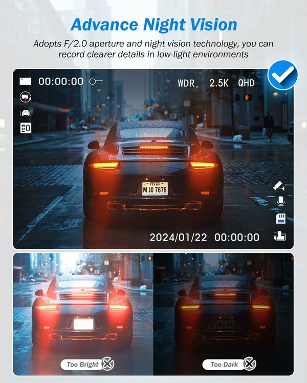 3 Channel 2.5K Dash Cam,1440P Dash Cam Front and Rear Inside,Dash Camera for Cars,Triple Car Camera with 32GB Card,G-Sensor,24Hr Parking,Loop Recording,IR Night Vision