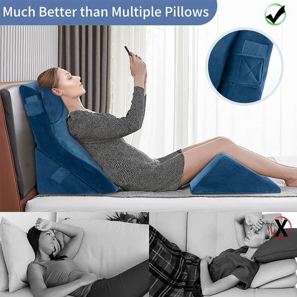 4pcs Bed Wedge Pillow Set Head Neck Back Leg Memory Foam Support Adjustable Triangular Velvet Fabric Cushion