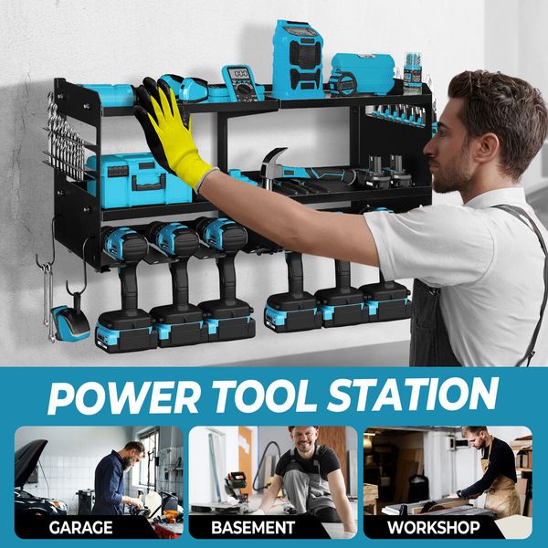 Power Tool Organiser 3 Tier Wall Mounted Garage Shelves Shelving Unit Metal Storage Rack Warehouse Wrench Drill Holder Hanger