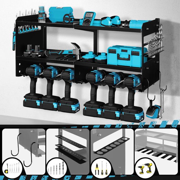 Power Tool Organiser 3 Tier Wall Mounted Garage Shelves Shelving Unit Metal Storage Rack Warehouse Wrench Drill Holder Hanger