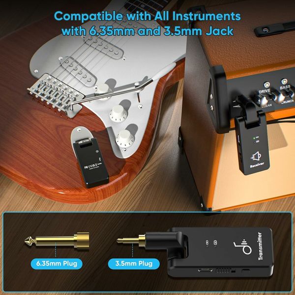 Wireless Guitar System with Charging Case, Rechargeable Wireless Guitar Transmitter Receiver 2.4Ghz, Auto Match Wireless Audio System for Guitar, Bass and Electric Instruments