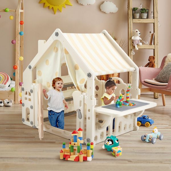 Kids Playhouse Cubby House Pretend Play Gym Cottage Cabin Childrens Activity Centre Toy Building Block Table Storage Box