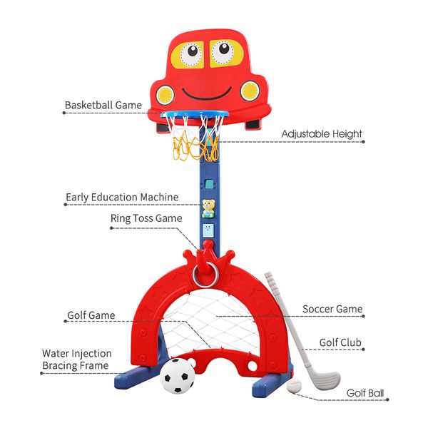 Kids Basketball Hoop Stand Golf Game Activity Centre Indoor Outdoor 5 in 1 Playset Football Gate Ring Toss Adjustable