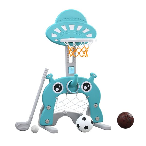 Kids Basketball Hoop Stand Set 5 in 1 Activity Centre Golf Game Ring Toss Football Gate Adjustable Indoor Outdoor Playset